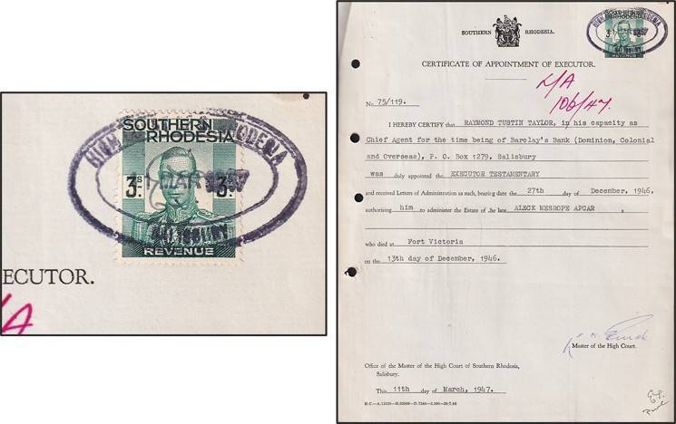 S.Rhodesia 3/- KGVI on 1946 Certificate of Appointment of Executor (Salisbury)