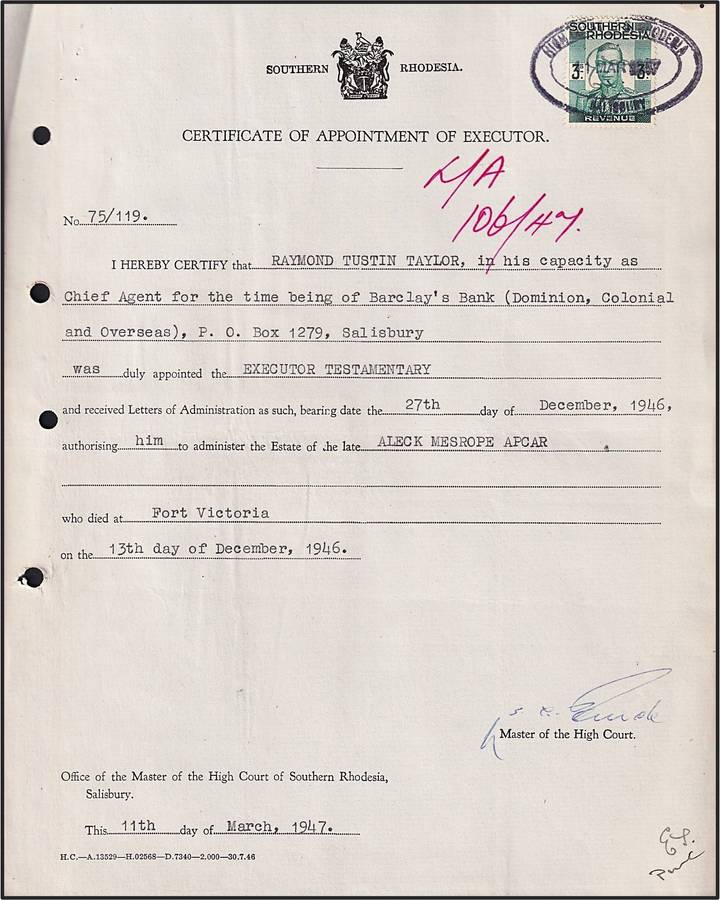 S.Rhodesia 3/- KGVI on 1946 Certificate of Appointment of Executor (Salisbury)