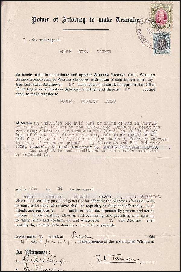 S.Rhodesia 10/-(Revenue) & 1/- Field Marshall on 1931 Power of Attorney Document