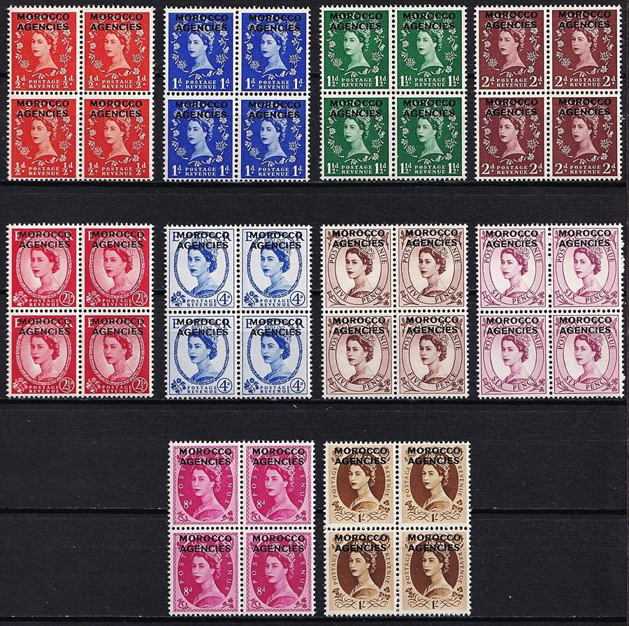 1952 Morocco QEII Full UMM(**) Set in Blocks of 4  (SG.101/110)
