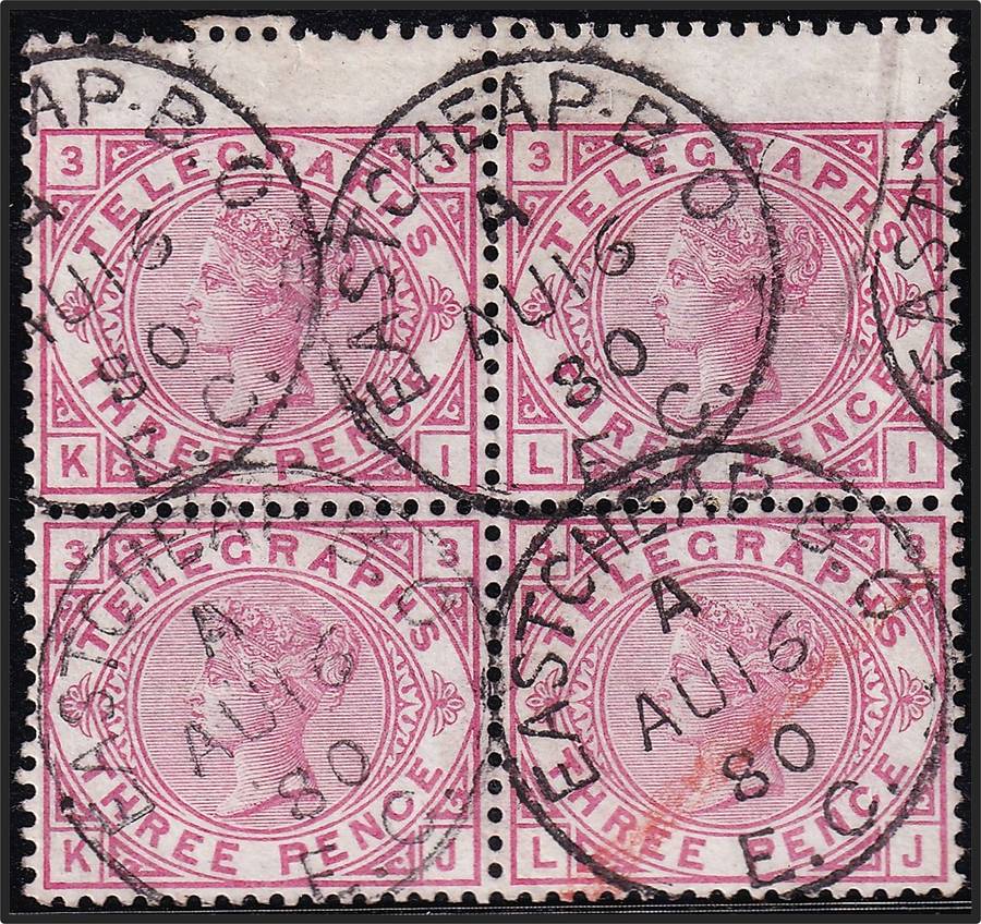1881 Great Britain QV 3d Telegraphs Used Block of 4, SGT.3, Pl.3, Eatcheap BO @ CV  R8,350