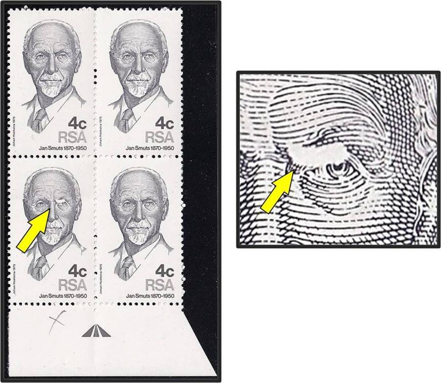 1975 RSA 4c UMM(**) Variety - White Patch on Jan Smuts' Eye - Scarce!