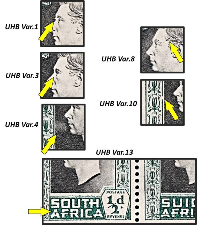 1937 Union ½d KGVI UMM(**) Part Sheet 6 x UHB Varieties No.1,3,4,8,10 & 13