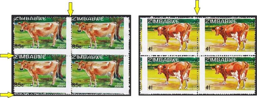 2017 Zimbabwe 85c & $1 Values UMM(**) Blocks each with Large Perforation Shifts
