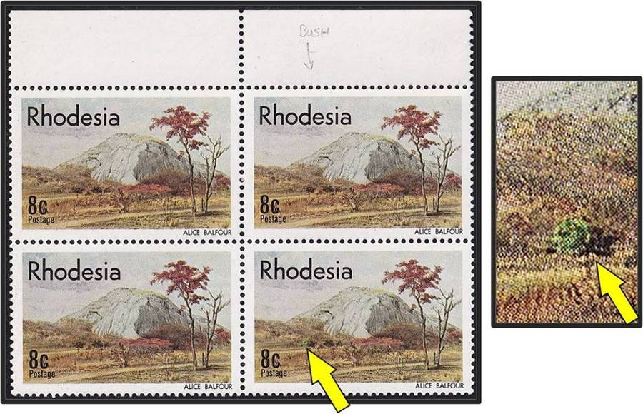 1977 Rhodesia 8c UMM(**) Variety - "Green Bush" Flaw - RARE!