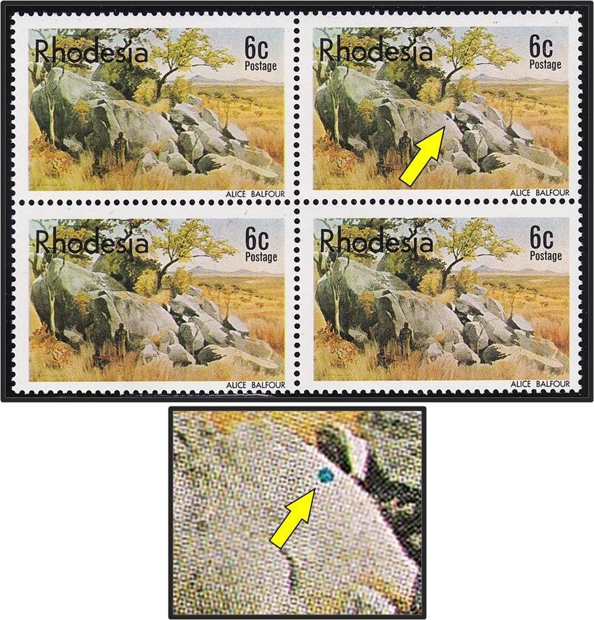 1977 Rhodesia 6c  MM/UMM Listed Variety - Blue Mark on Rock