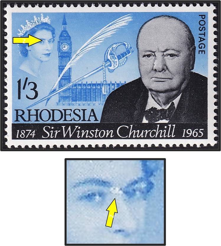 1965 Rhodesia 1/3 MM(*) Variety - White Mark on Queen's Nose