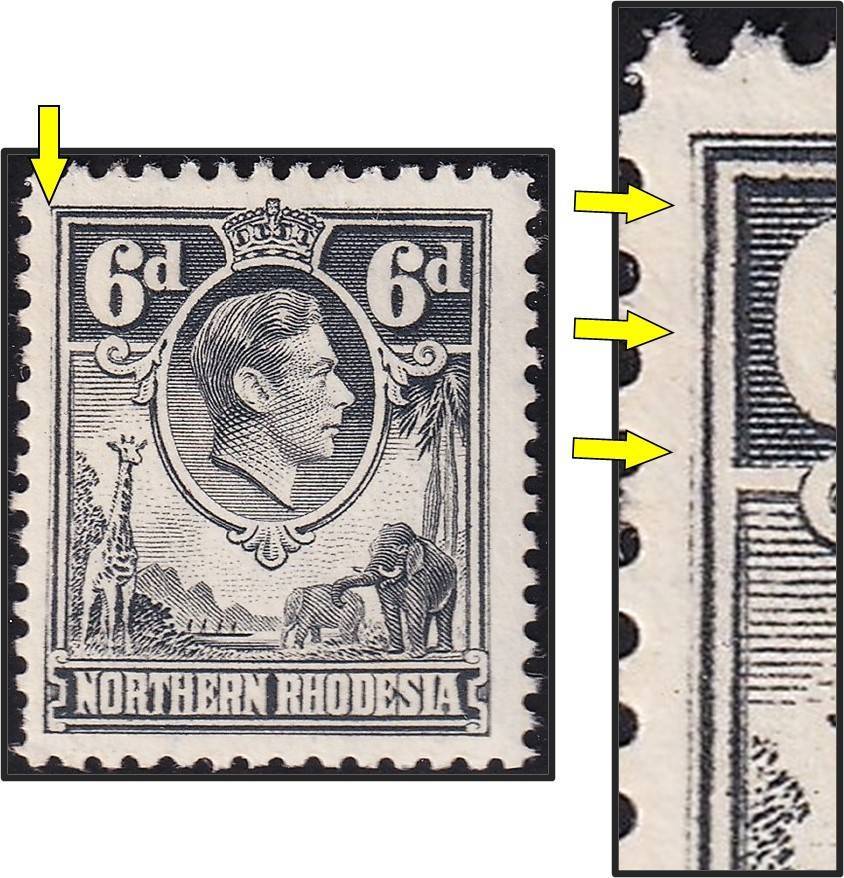 1938 Northern Rhodesia KGVI 6d MM(*) Variety - Faint/Missing Outer Frame Line