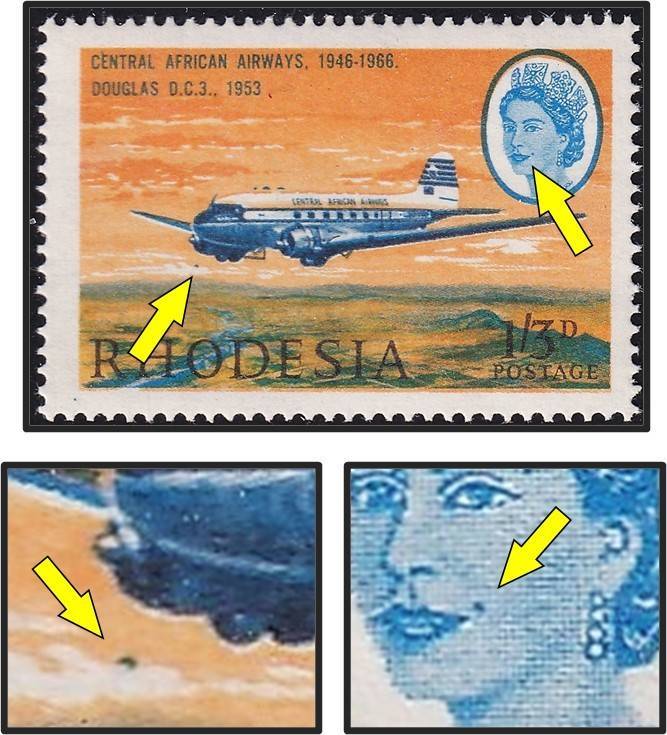 1966 Rhodesia 1/3 UMM(**) Variety - Blue Spots infront of Plane & Corner of Mouth