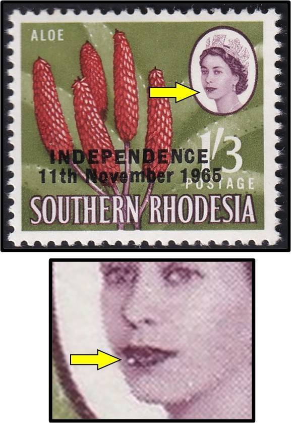 1965 Rhodesia 1/3 UMM(**) Variety -  White Spot on Queen's Lip