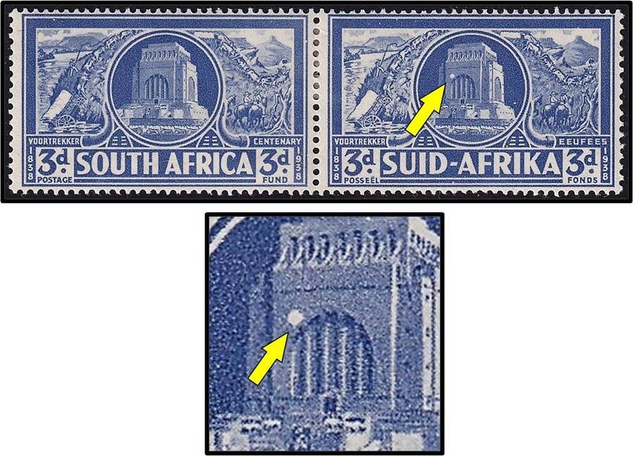 1938 Union 3d Voortrekker MM(**) UHB Listed Variety - White Mark on Monument