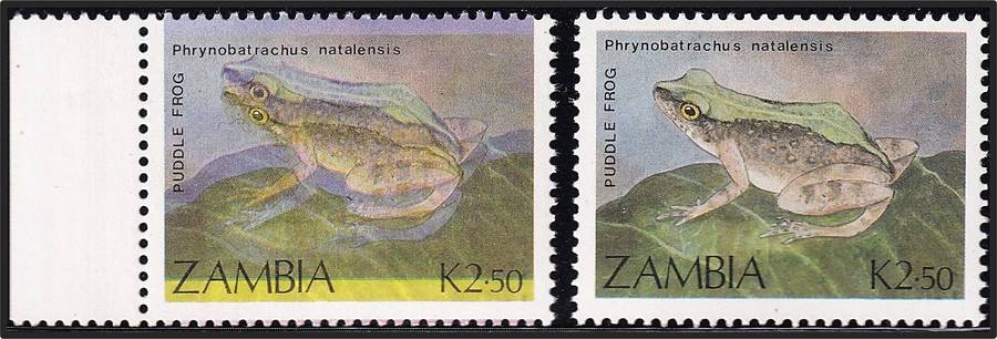 1989 Zambia K.2.50 Frogs UMM(**) Var - Colour Shift + Normal Stamp - RARE
