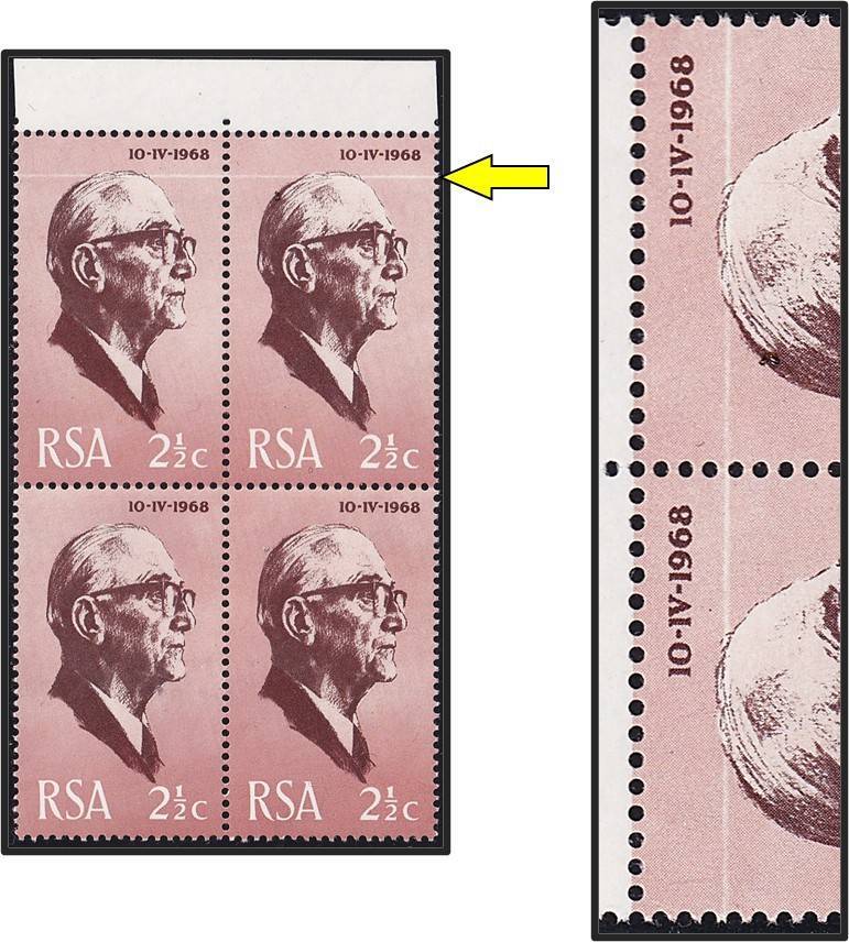 1968 RSA 2½c UMM(**) Variety - Prominent White Horizontal Line Through Top of Block
