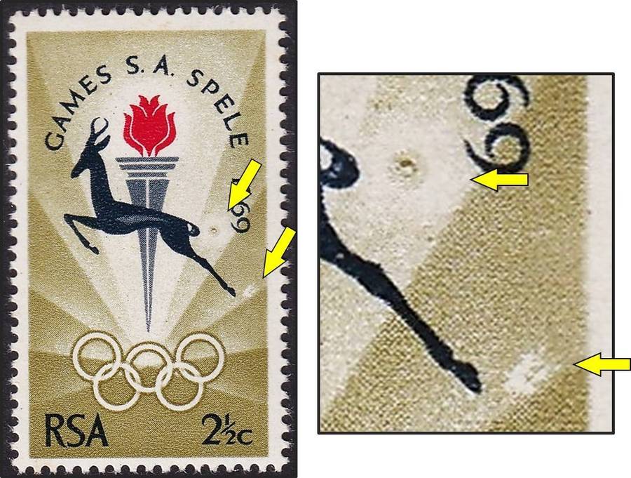 1969 RSA 2½c UMM(**) Variety - Large "Ring Flaw" & White Blob Behind Back Feet