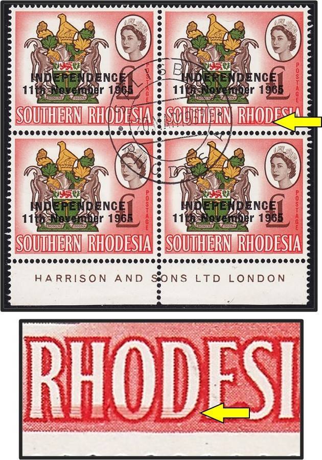 1966 Rhodesia £1 VFU(Loose Perfs Left) with Variety - Smudged Bottom of "RHOD"