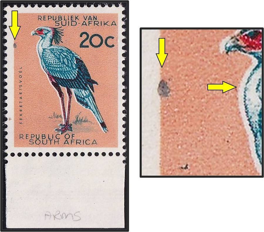 1961 RSA 20c UMM(**) Variety - Blue Blob infront of Bird on Left Frame & Colour Shift
