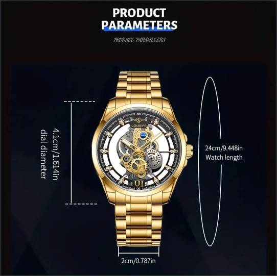 Louisifs Men's Quartz Skeleton Watch, Stainless Steel