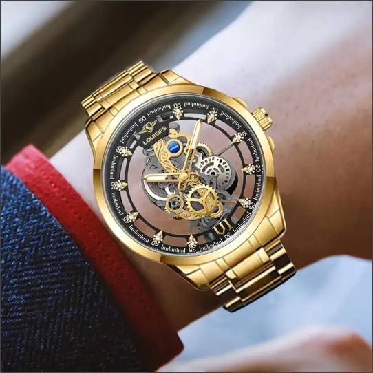 Louisifs Men's Quartz Skeleton Watch, Stainless Steel