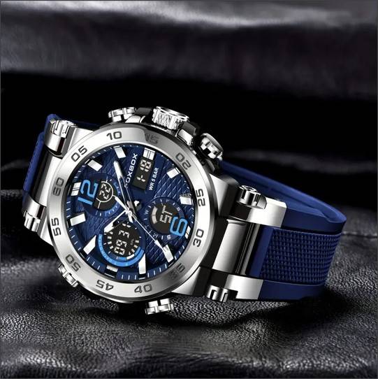 Foxbox Men's Military-Style Hiking Sports Watch, Dual Display, Quartz Movement (Blue)
