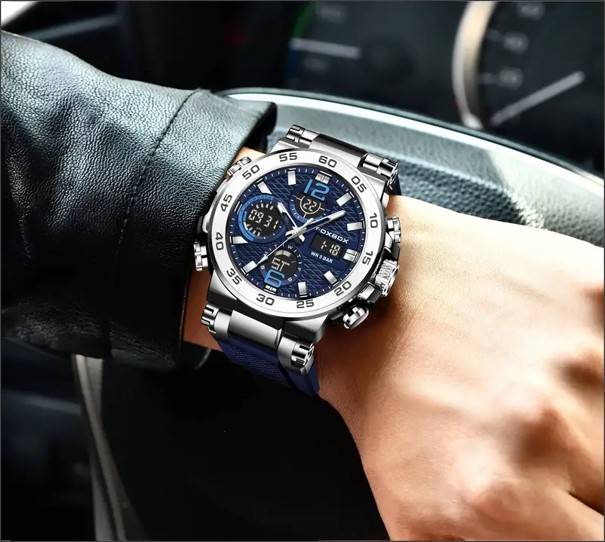 Foxbox Men's Military-Style Hiking Sports Watch, Dual Display, Quartz Movement (Blue)