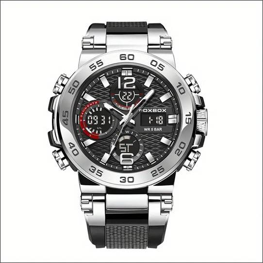 Foxbox Men's Military-Style Hiking Sports Watch, Dual Display, Quartz Movement (Black)