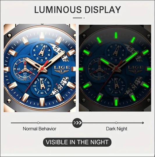 Top Brand LIGE Sports Chronograph Men's Watch, Luxury Luminous Quartz Clock, Large Dial