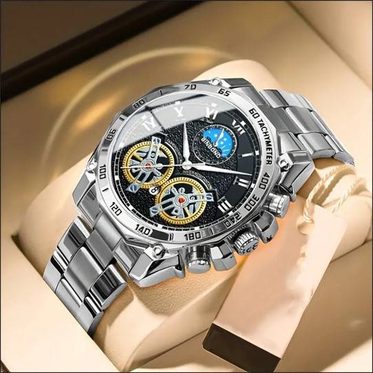 BINBOND Men's Skeleton Quartz Watch with Dual Tourbillon - Fashionable Luminous, Stainless Steel