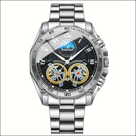 BINBOND Men's Skeleton Quartz Watch with Dual Tourbillon - Fashionable Luminous, Stainless Steel