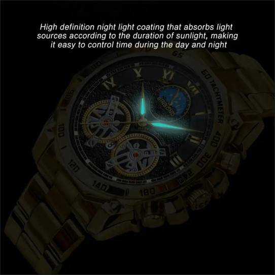 BINBOND Men's Skeleton Quartz Watch with Dual Tourbillon - Fashionable Luminous, Stainless Steel