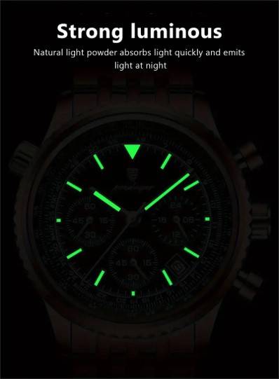 POEDAGAR Luminous Calendar Stainless Steel Chronograph Quartz Watch For Men (Green)