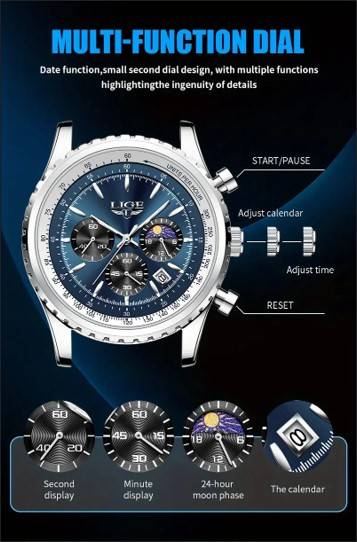 LIGE Men's Quartz Watch, Luminous Dial, Sports Multifunctional Chronograph, Moon Phase Calendar