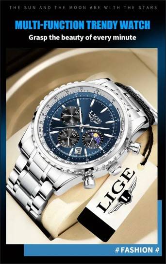 LIGE Men's Quartz Watch, Luminous Dial, Sports Multifunctional Chronograph, Moon Phase Calendar
