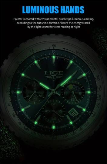 LIGE Men's Quartz Watch, Luminous Dial, Sports Multifunctional Chronograph, Moon Phase Calendar