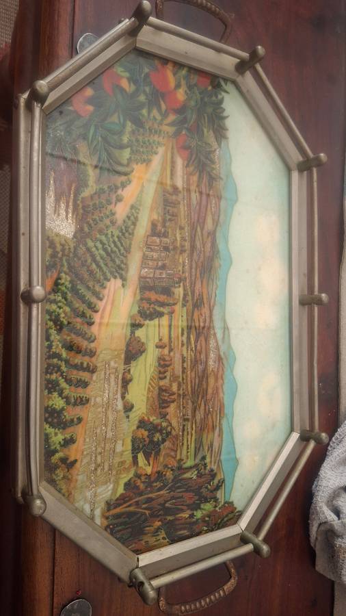 Victorian Era Reverse Painted Foil Art  Serving Tray