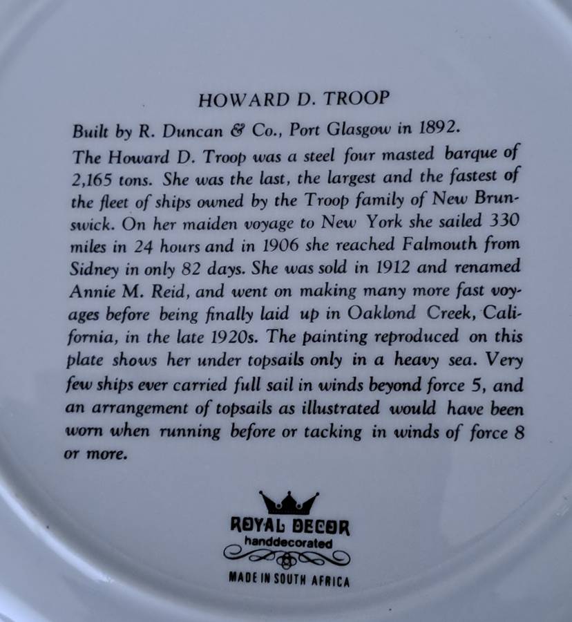 Royal Decor (South Africa) Ship Plate - Howard D. Troop