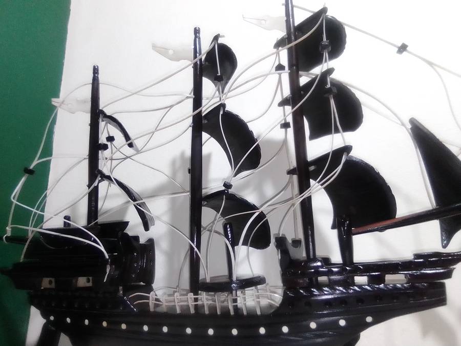 Pirates of Caribbean large Tall Ship Model of "The Black Pearl" mounted and in solid wood.