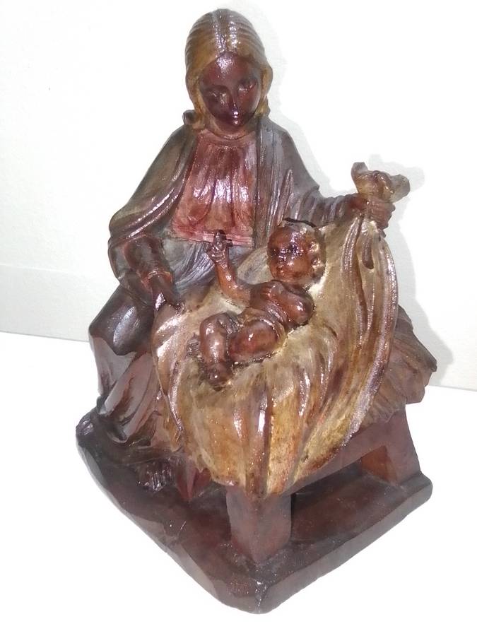Vintage Mother Mary and Jesus Religious Figurine Devotional Catholic hand carved wooden figurine.