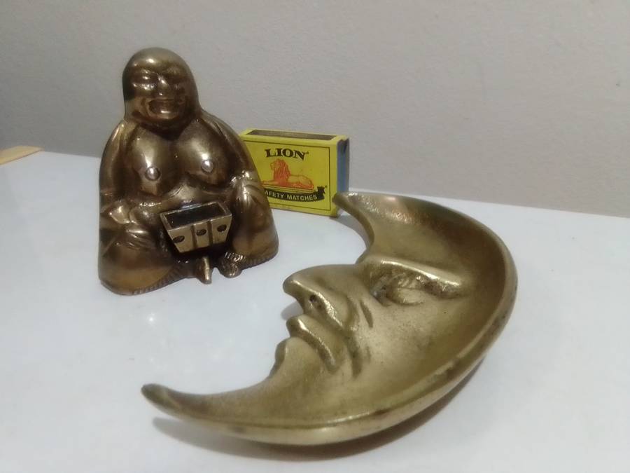 Collectible brass. A large Brass Moon Face pin tray + Rare Brass Budai Incense burner, All original