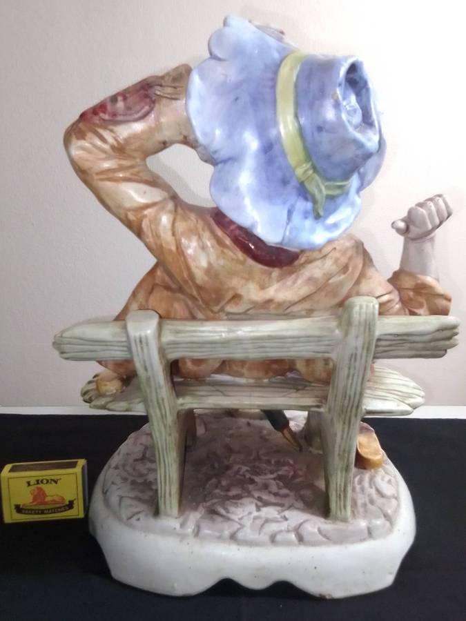 Large Vintage and heavy, Capodimonte Beggar man with umbrella + bag and floppy shoes.