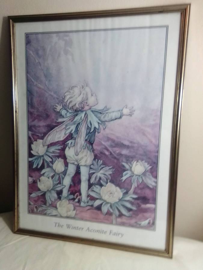A very large wall hanging, Winter Aconite Fairy framed under glass in good condition.