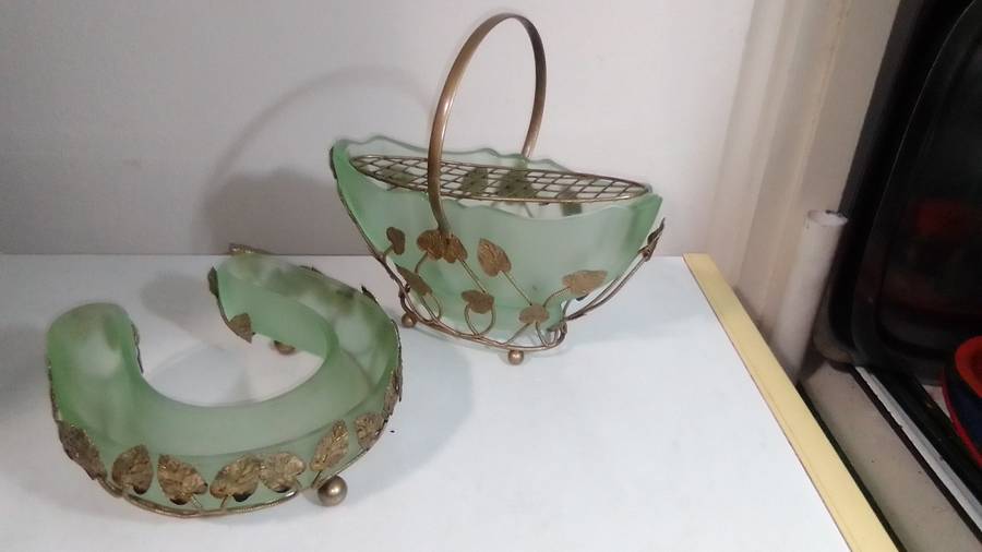1950's Bagley Art Deco Frosted Green Glass Vases Horseshoe Bloom Trough and Gold Leaf Design Basket.