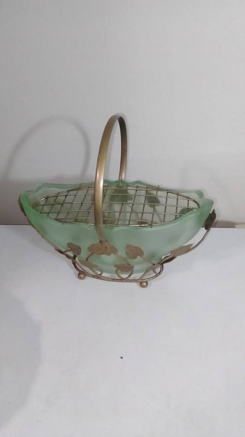 1950's Bagley Art Deco Frosted Green Glass Vases Horseshoe Bloom Trough and Gold Leaf Design Basket.
