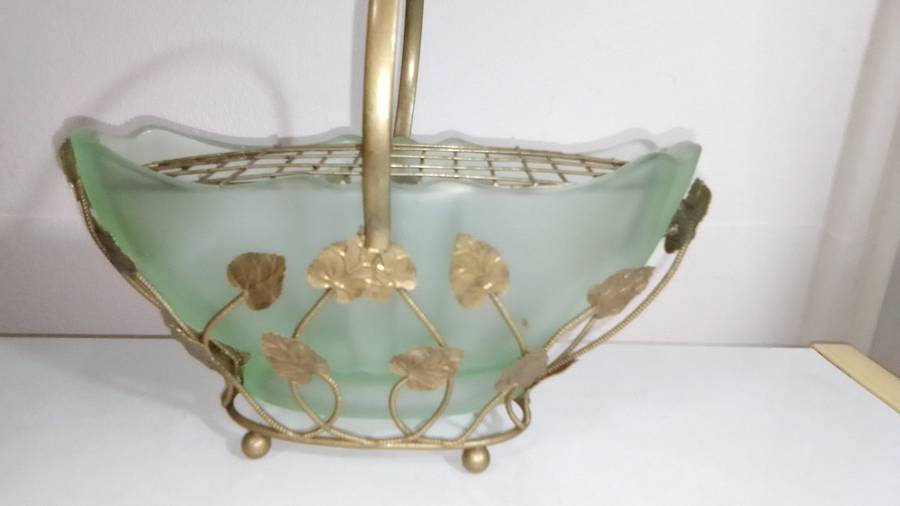 1950's Bagley Art Deco Frosted Green Glass Vases Horseshoe Bloom Trough and Gold Leaf Design Basket.