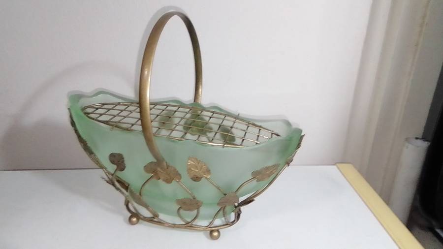 1950's Bagley Art Deco Frosted Green Glass Vases Horseshoe Bloom Trough and Gold Leaf Design Basket.