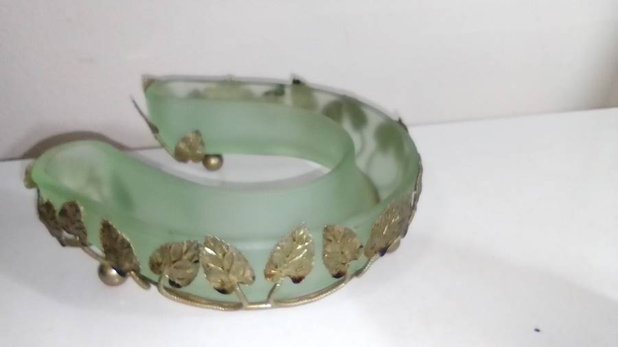 1950's Bagley Art Deco Frosted Green Glass Vases Horseshoe Bloom Trough and Gold Leaf Design Basket.