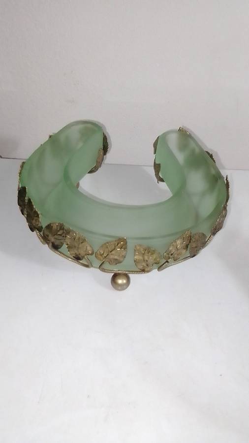 1950's Bagley Art Deco Frosted Green Glass Vases Horseshoe Bloom Trough and Gold Leaf Design Basket.