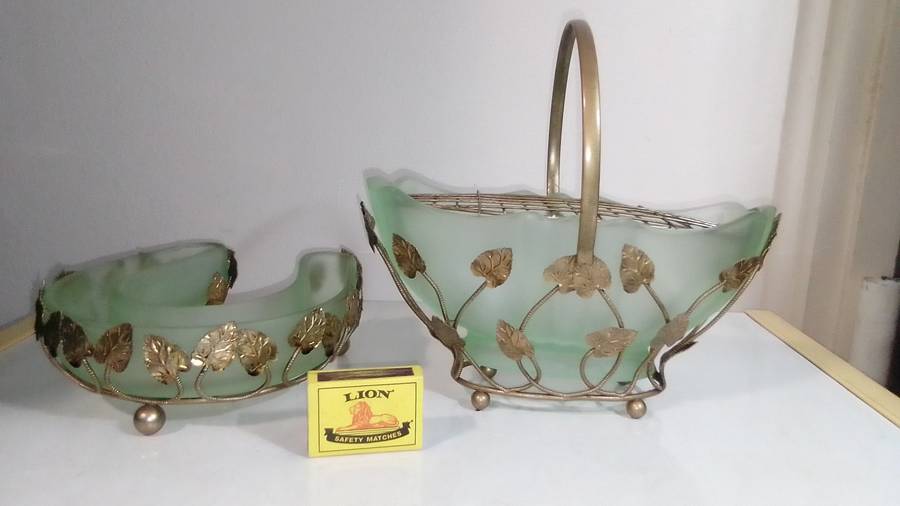1950's Bagley Art Deco Frosted Green Glass Vases Horseshoe Bloom Trough and Gold Leaf Design Basket.
