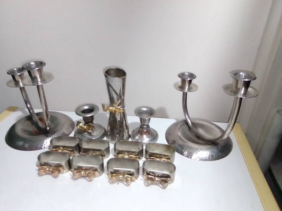 All you need for Dinner table. A1 plate SPC. Candlesticks Marked M.P., Vases, Bowtie Napkin rings.