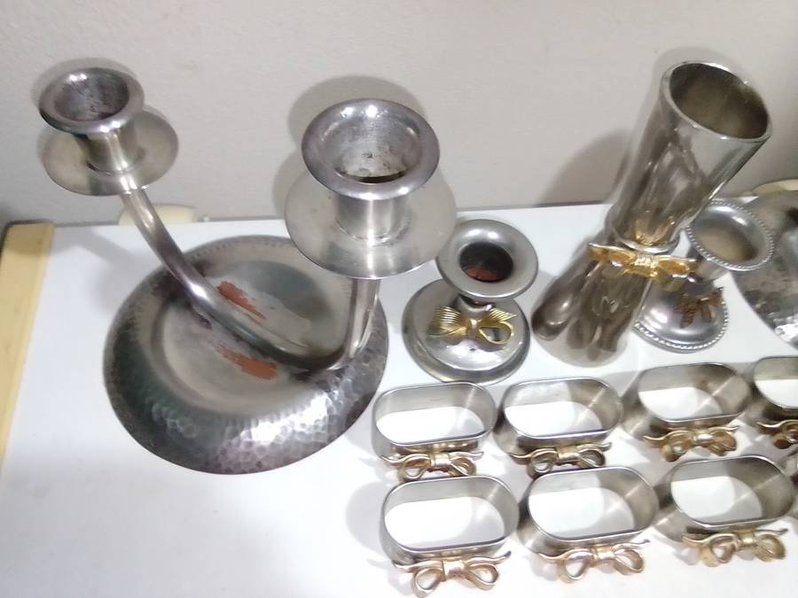 All you need for Dinner table. A1 plate SPC. Candlesticks Marked M.P., Vases, Bowtie Napkin rings.