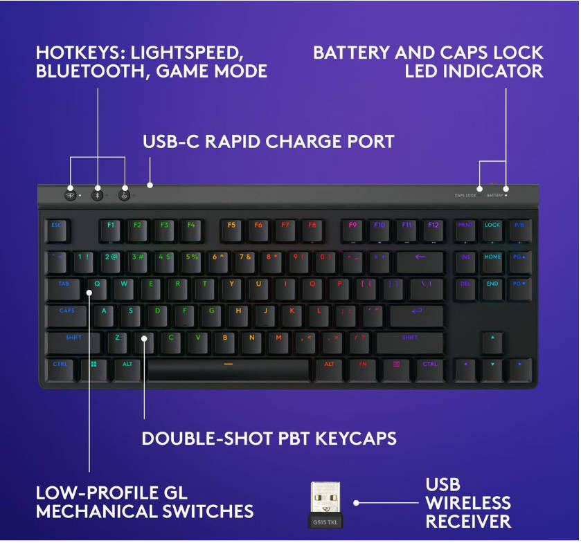 Logitech G515 LIGHTSPEED TKL Wireless Gaming Keyboard - Black